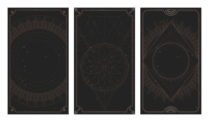 Vector set of three dark backgrounds with geometric symbols, grunge textures and frames. Abstract geometric symbols and sacred mystic signs drawn in lines.
