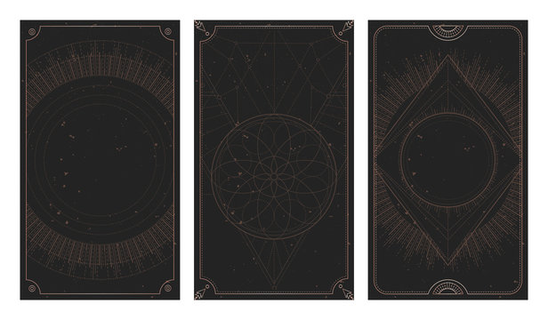 Vector set of three dark backgrounds with geometric symbols, grunge textures and frames. Abstract geometric symbols and sacred mystic signs drawn in lines.