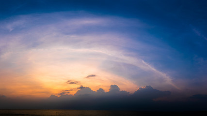 Panoramic sunset with fluffy cloud in the twilight