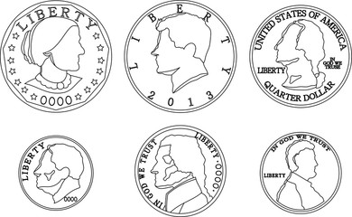US American cent coin outline set