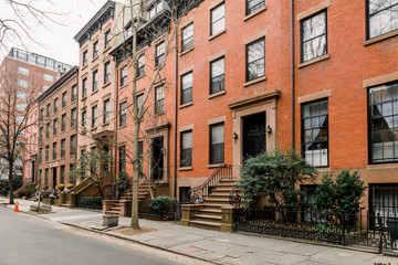 Brownstone facades & row houses  in an iconic neighborhood of Brooklyn Heights in New York City