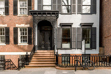 Brownstone facades & row houses  in an iconic neighborhood of Brooklyn Heights in New York City