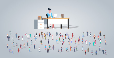 people group in front woman teacher sitting at desk different occupation employees mix race workers crowd education concept horizontal full length flat