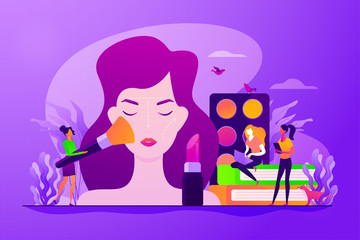 Woman in beautician parlor. Female character testing skin care product in beauty salon. Makeup courses, make up school, cosmetics masterclass concept. Vector isolated concept creative illustration