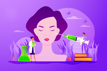 Cosmetologists making face needle injection. Woman getting wrinkles filling. Facial contouring, medical face sculpting, facial correction surgery concept. Vector isolated concept creative illustration