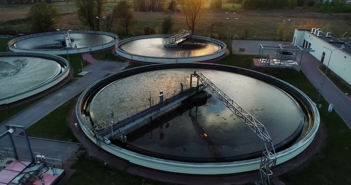 View from above of the sewage treatment plant, camera moving left.