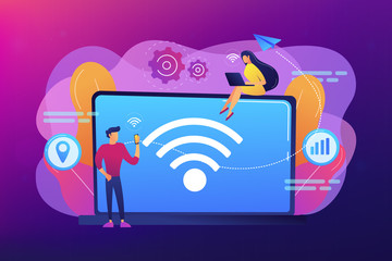 Business people using laptop and smartphone with WiFi connection. Wi-fi connection, WiFi communication technology, free internet services concept. Bright vibrant violet vector isolated illustration