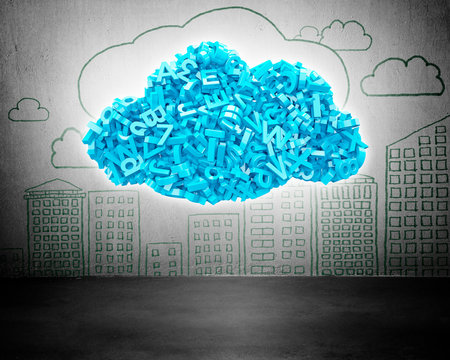 Big data and cloud computing concept. Blue letters and numbers in blue cloud shape, with cityscapes doodles of concrete wall background. 