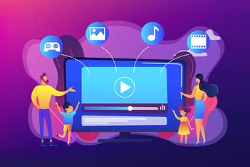 Tiny people family with kids watching smart television content. Smart TV content, smart TV interactive show, high resolution content concept. Bright vibrant violet vector isolated illustration