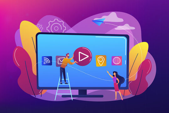 Tiny people at huge smart television with application icons on display. Smart TV technology, internet television, online tv sreaming concept. Bright vibrant violet vector isolated illustration