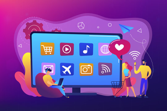 Tiny people with laptop, shopping cart using smart TV with apps. Smart TV applications, smart TV marketplace, television app development concept. Bright vibrant violet vector isolated illustration