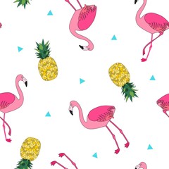 Seamless repeat pattern with tossed flamingos, pineapples and ditzy triangles