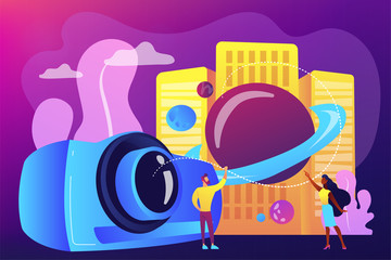 Tiny people video designers with camera and film creation and integration. Video design, projection design, scenic designer service concept. Bright vibrant violet vector isolated illustration