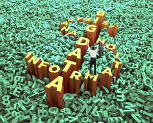 Big data, information analysis and restructuring concept, cheering businessman standing on gold big dollar sign money symbol with huge amount of 3d letters and numbers.