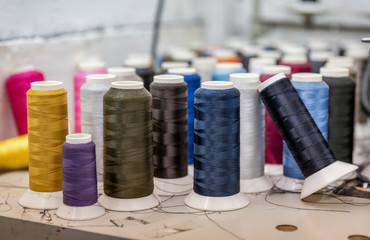 Many reels of colored threads standing
