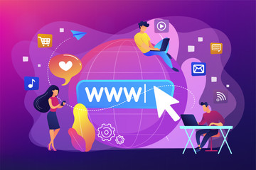 Tiny business people with digital devices at big globe surfing internet. Internet addiction, real-life substitution, living online disorder concept. Bright vibrant violet vector isolated illustration