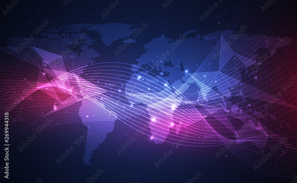 Poster abstract background with dynamic waves, big data visualization with a world map. vector illustration