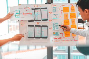 Creative ux ui designers team developing wireframe and sketching layout design mockup on smartphone screen.