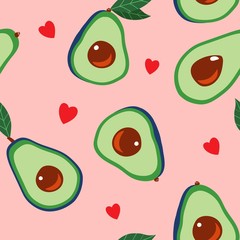 Seamless repeat pattern with tossed green avocado halves and little red hearts