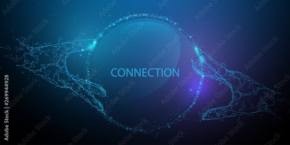 Aufkleber Hands touching global connection concept. Futuristic technology. Lines, triangles and particle style design. Illustration vector