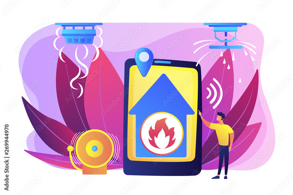 Sticker Flame in house remote notification. Smart home, high tech. Fire alarm system, fire prevention methods, smoke and fire alarm concept. Bright vibrant violet vector isolated illustration