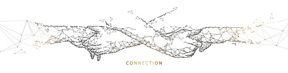 Hands touching together. teamwork, connection concept. lines, triangles and particle style design. Illustration vector