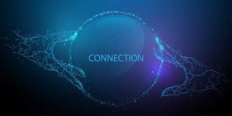 Hands touching global connection concept. Futuristic technology. Lines, triangles and particle style design. Illustration vector