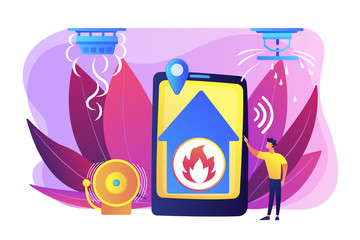 Flame in house remote notification. Smart home, high tech. Fire alarm system, fire prevention methods, smoke and fire alarm concept. Bright vibrant violet vector isolated illustration