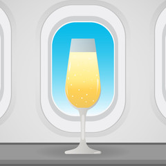 Airplane window with champagne glass, conceptual vector
