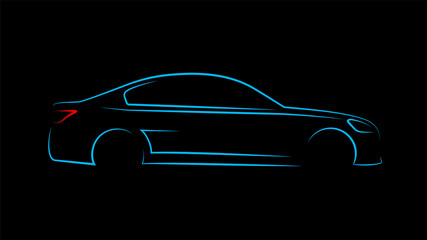 Modern car silhouette in side view. Blue neon car silhouette for logo, banner or marketing advertising design. Vector illustration.