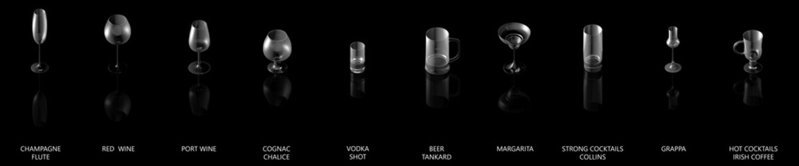 3D illustration of large collection of various glasses for cocktails and wine and other drinks isolated on black, side-top view with reflection - drinking glass render