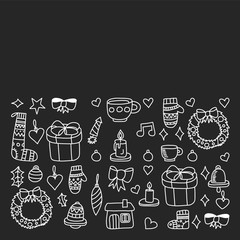 Vector set of Christmas, holiday icons in doodle style. Painted, black monochrome, chalk pictures on a blackboard.