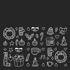 Vector set of Christmas, holiday icons in doodle style. Painted, black monochrome, chalk pictures on a blackboard.
