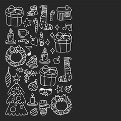 Vector set of Christmas, holiday icons in doodle style. Painted, black monochrome, chalk pictures on a blackboard.