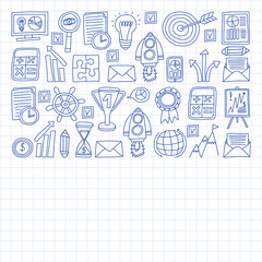 Vector set of bussines icons in doodle style. painted by penon a piece of paper in cage.