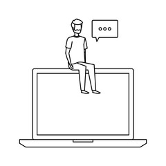 young man seated in laptop with speech bubble