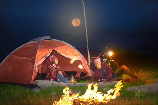 Couple Lover Enjoy Camping At The Night Inside Tent, Countryside Trvelling Of The Couple Lover, Campfire Enjoying