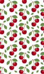 Seamless pattern cherry fruits, Fresh organic food, Red fruits berry pattern on white. Vector illustration.