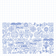 Vector set of learning English language, children's drawingicons icons in doodle style. Painted, drawn with a pen, on a sheet of checkered paper on a white background.
