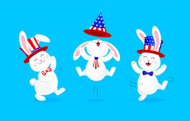 White rabbit jumping and dancing with American hat. Cute bunny. 4th of July. Happy Independence Day. Illustration isolated on blue background.