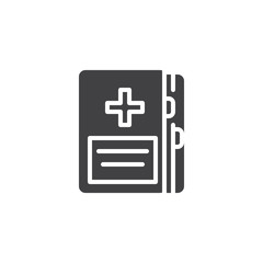 Obraz premium Medical notebook vector icon. filled flat sign for mobile concept and web design. Medical file document with cross glyph icon. Symbol, logo illustration. Vector graphics