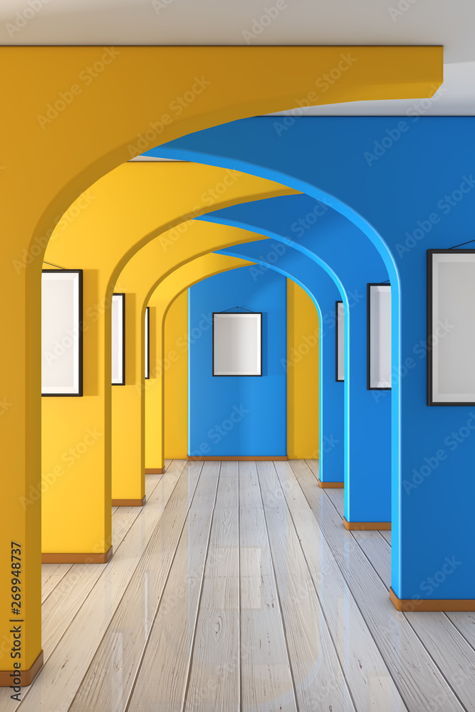Aufkleber corridor hall way with yellow and blue walls and blank picture frames. 3d rendering