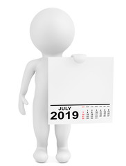 Character holding calendar July 2019. 3d Rendering