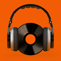 Fototapeta na wymiar Headphones Over Black Vinyl Record with White Blank Label. 3d Rendering