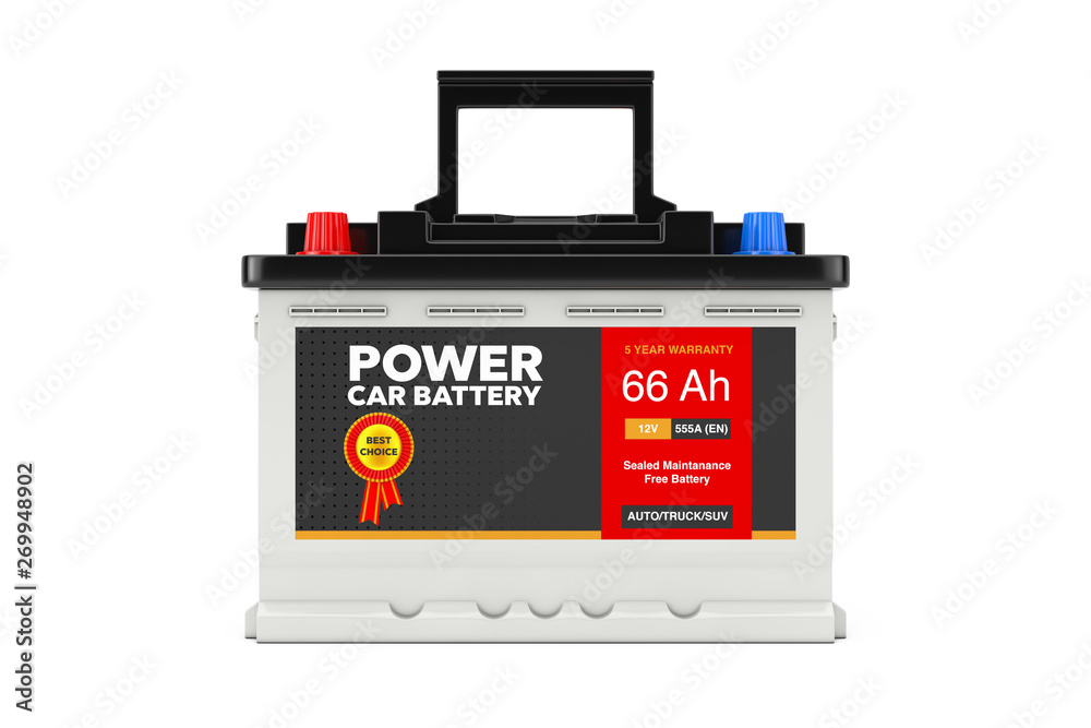 Poster rechargeable car battery 12v accumulator with abstract label. 3d rendering