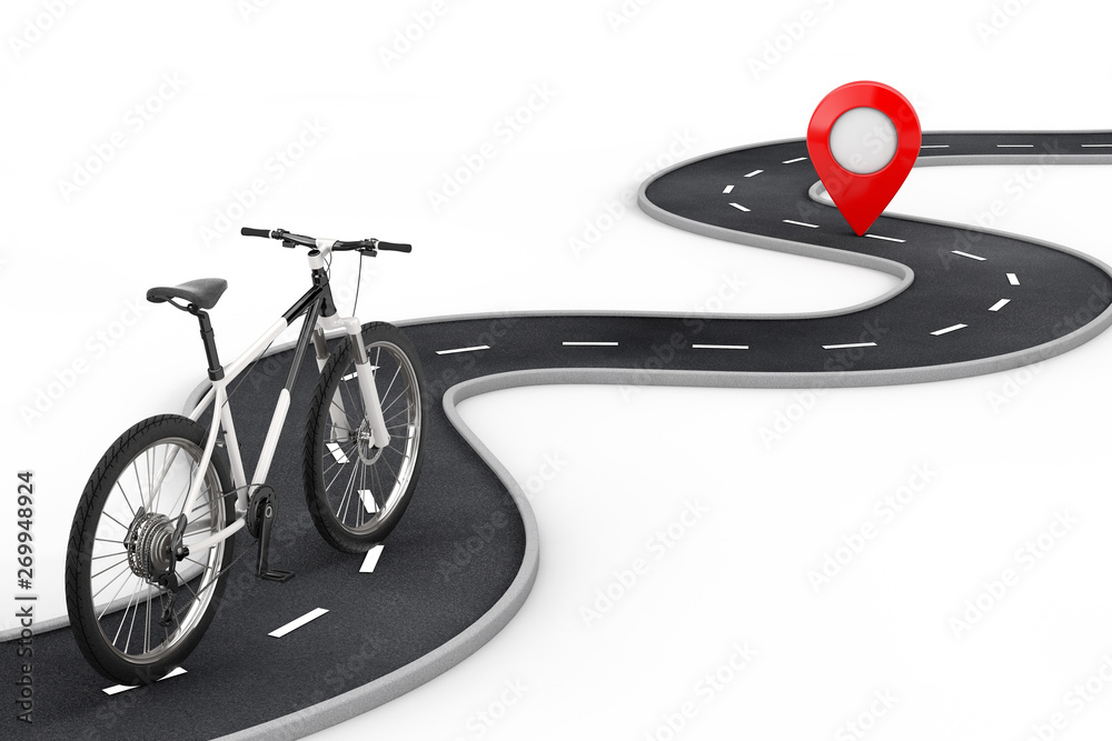 Poster Black and White Mountain Bike Follow Over Winding Road to Destination Red Pin Target Pointer in the End of Road. 3d Rendering