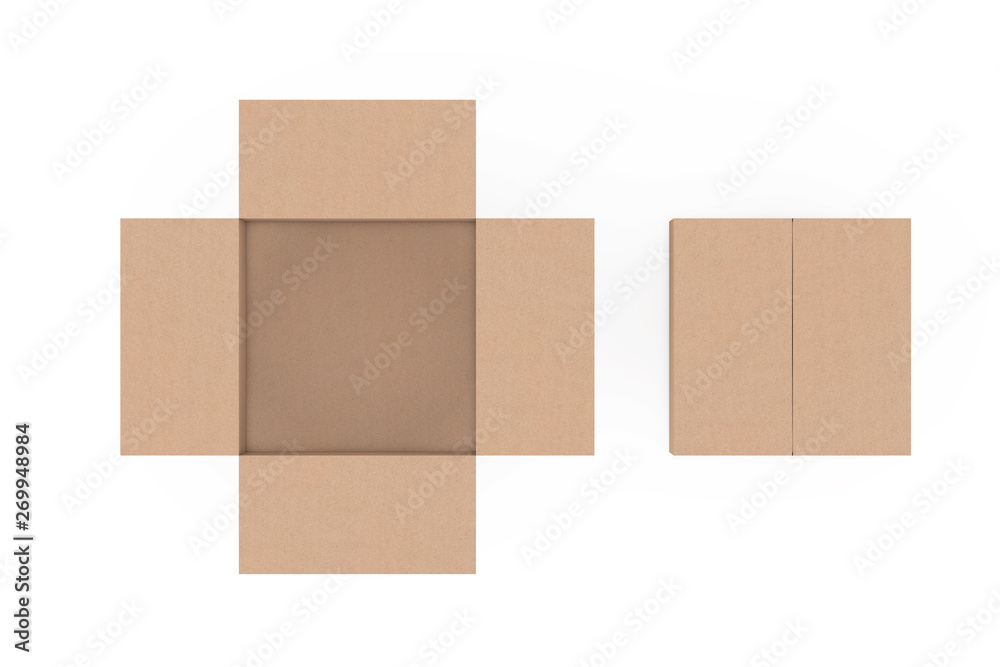 Poster Top View of Opened and Closed  Empty Cardboard Box. 3d Rendering
