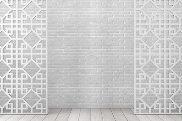 White Wooden Pattern Divider Screen in Arabic or Chinese Style. 3d Rendering