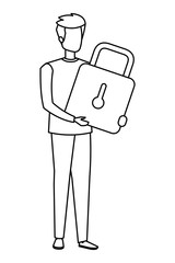 young man lifting padlock character