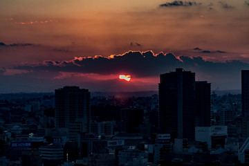 city skyline at sunset